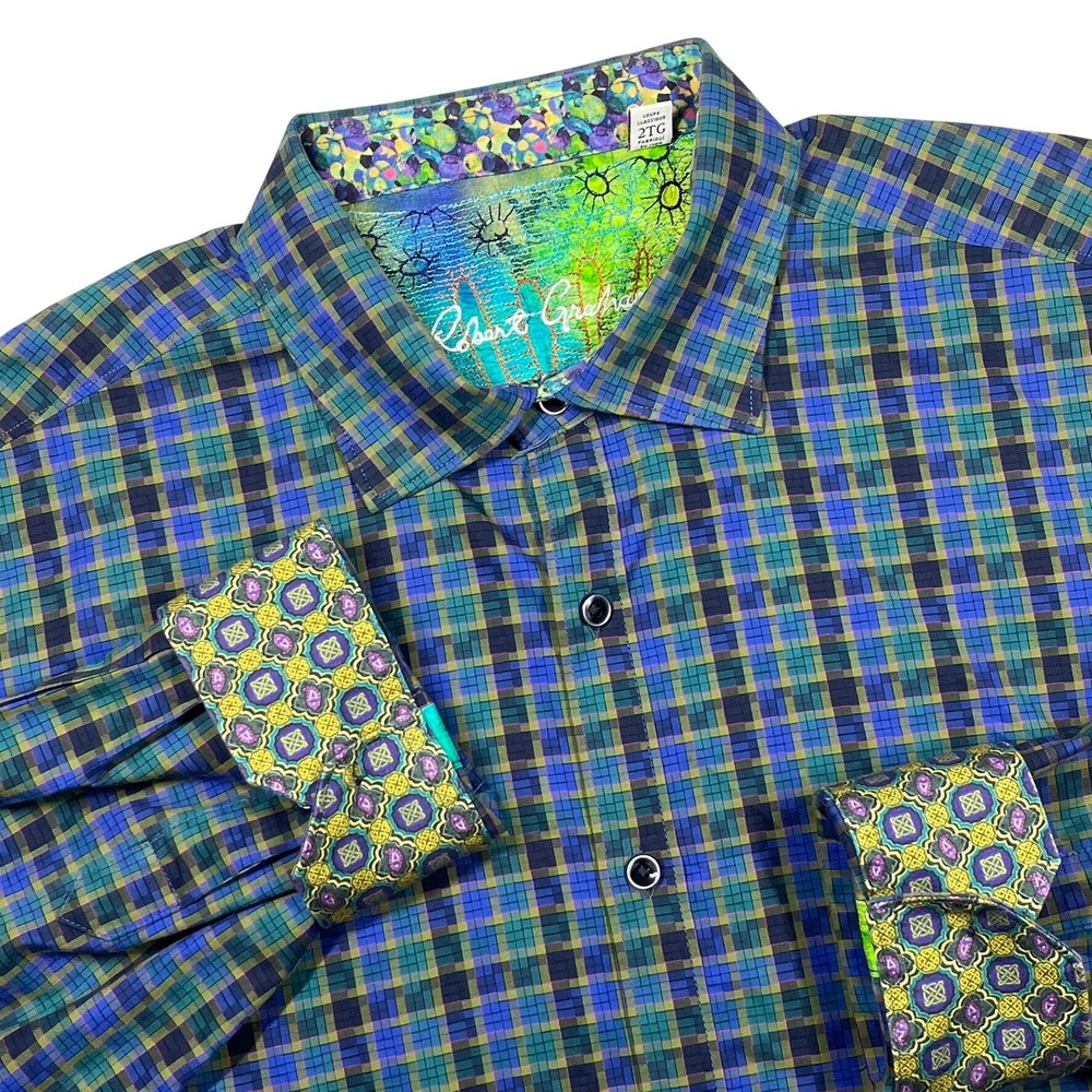 Robert Graham Button Up Shirt Mens 2XL Blue Teal Black Micro Check Flip Cuff